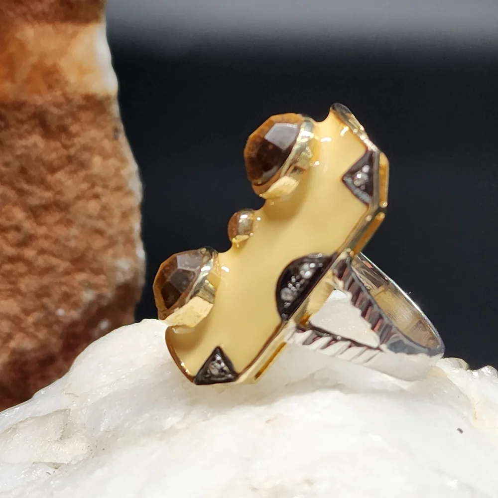 Solid Sterling Silver 925/18k Gold Massive Ring Raw Diamond/Tiger Eye Stone